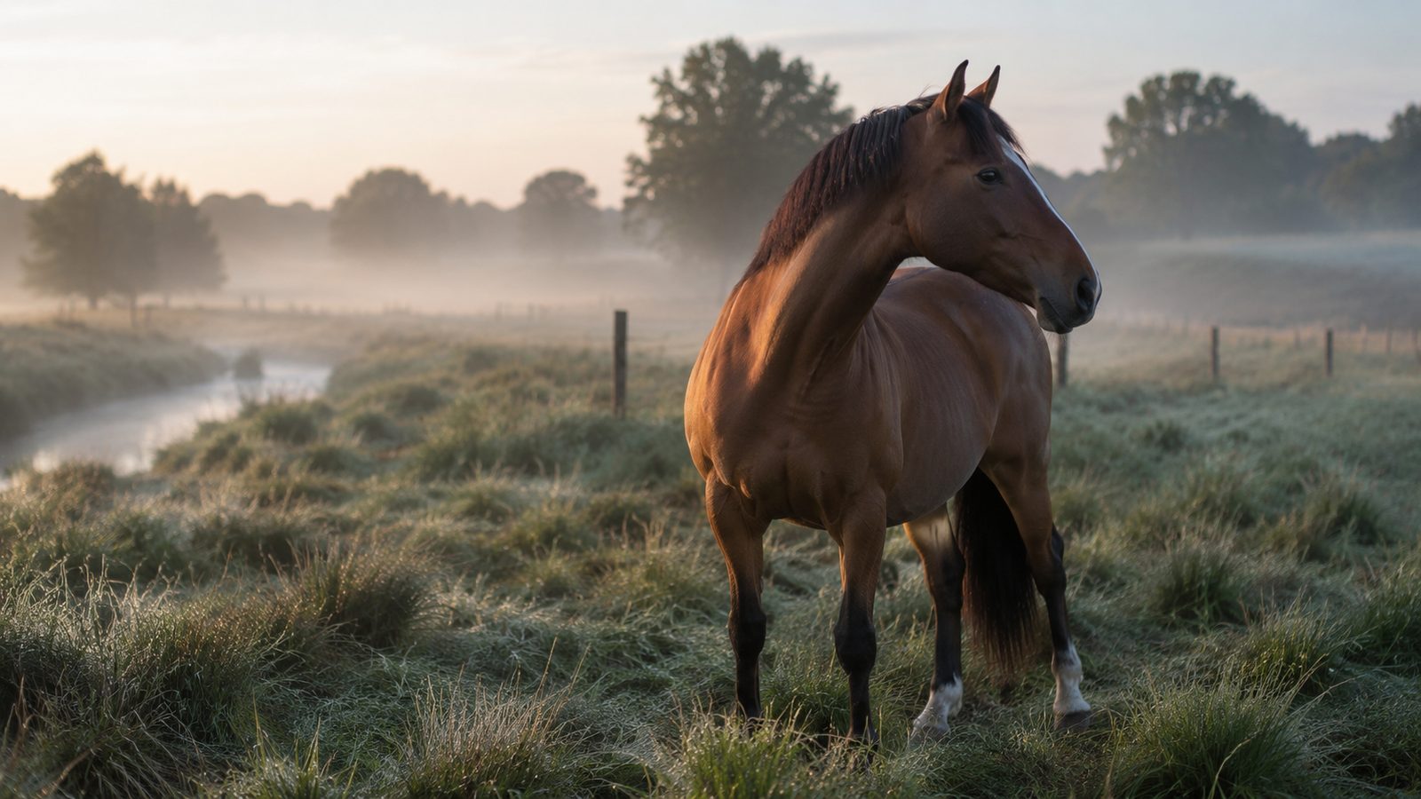 Pferd auf nebliger Weide bei Sonnenaufgang